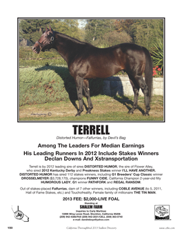 Terrell Is by 2012 Leading Sire of Sires DISTORTED HUMOR , the Sire of Flower Alley, Who Sired 2012 Kentucky Derby and Preakness Stakes Winner I’LL HAVE ANOTHER