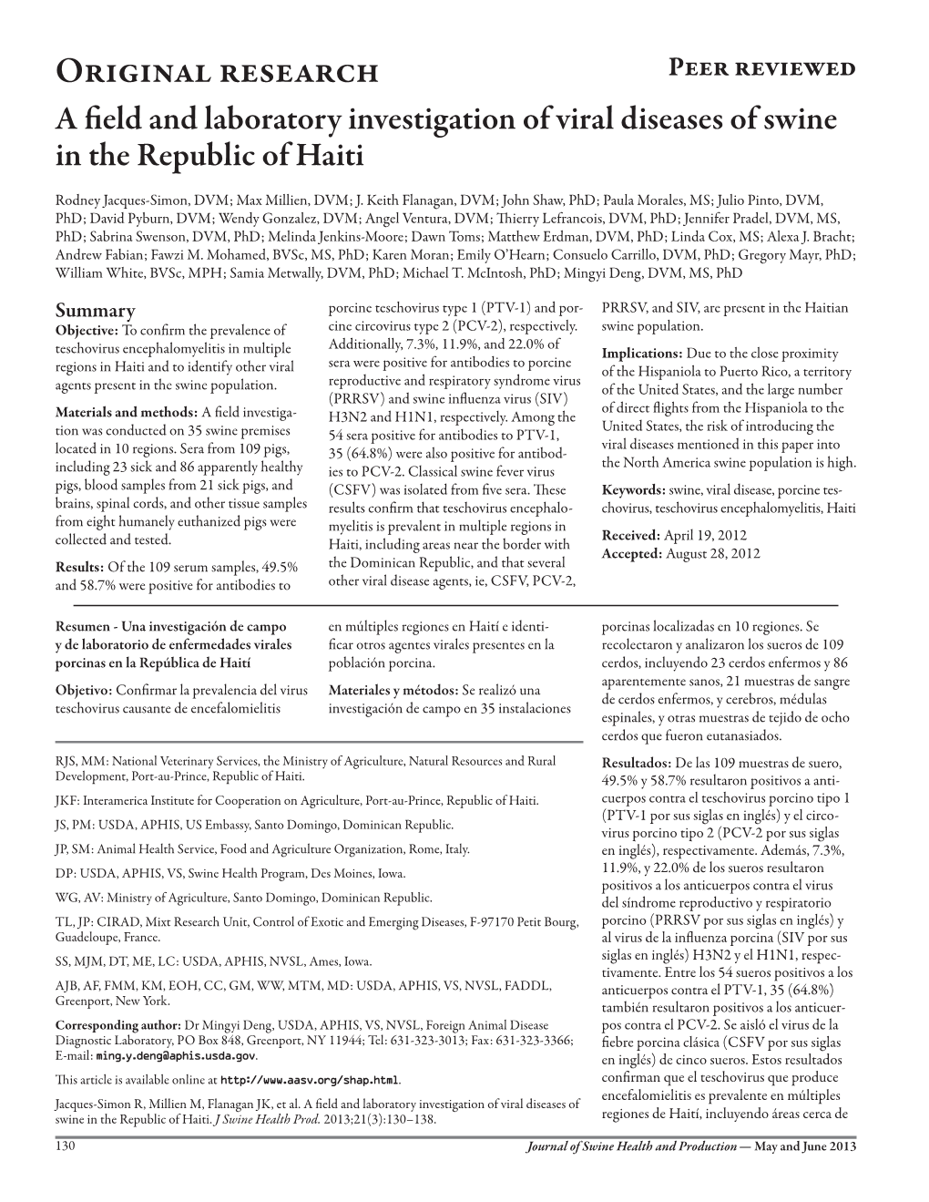 A Field and Laboratory Investigation of Viral Diseases of Swine in the Republic of Haiti