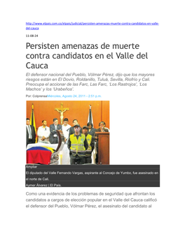 Persisten Amenazas De Muerte Contra Candidatos En El Valle Del Cauca