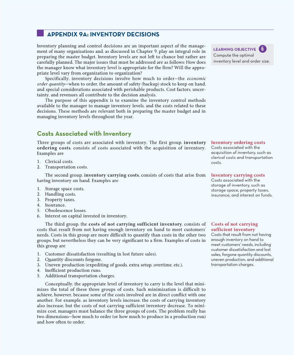 Costs Associated with Inventory Three Groups of Costs Are Associated with Inventory