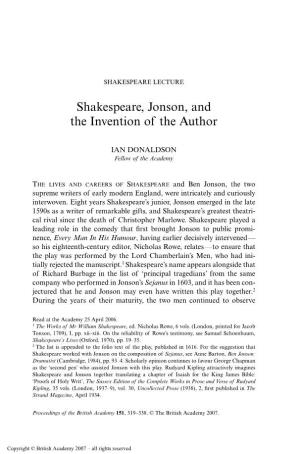 Shakespeare, Jonson, and the Invention of the Author