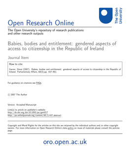 Babies, Bodies and Entitlement: Gendered Aspects of Access to Citizenship in the Republic of Ireland