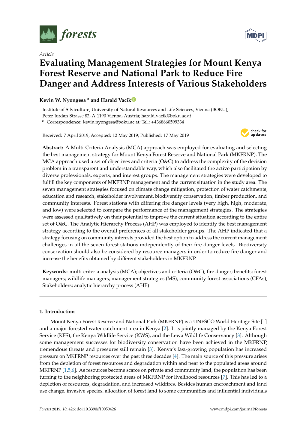 Evaluating Management Strategies for Mount Kenya Forest Reserve and National Park to Reduce Fire Danger and Address Interests of Various Stakeholders