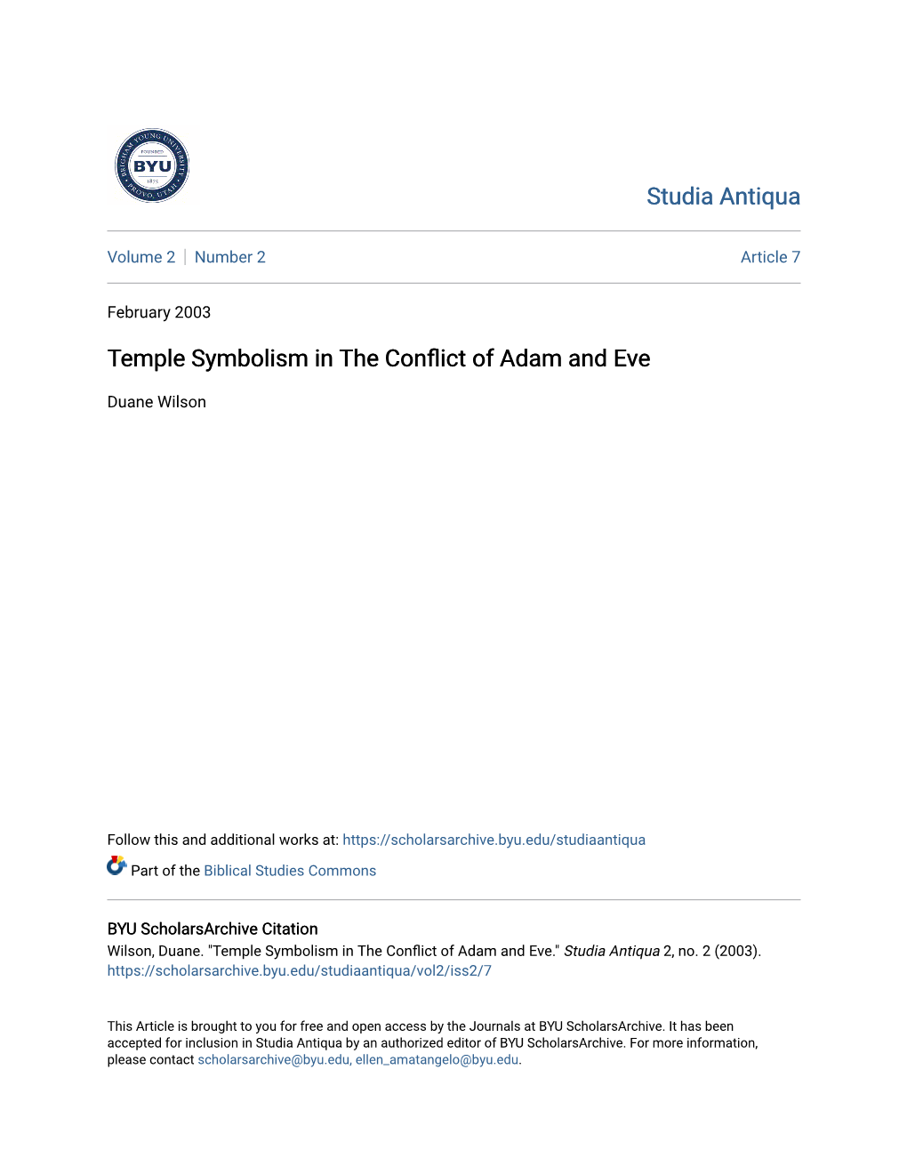 Temple Symbolism in the Conflict of Adam and Ve E