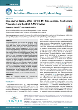 Coronavirus Disease 2019 (COVID-19) Transmission, Risk Factors, Prevention and Control: a Minireview Oluwaseun Awosolu1,2* and Oluwole Oladele2