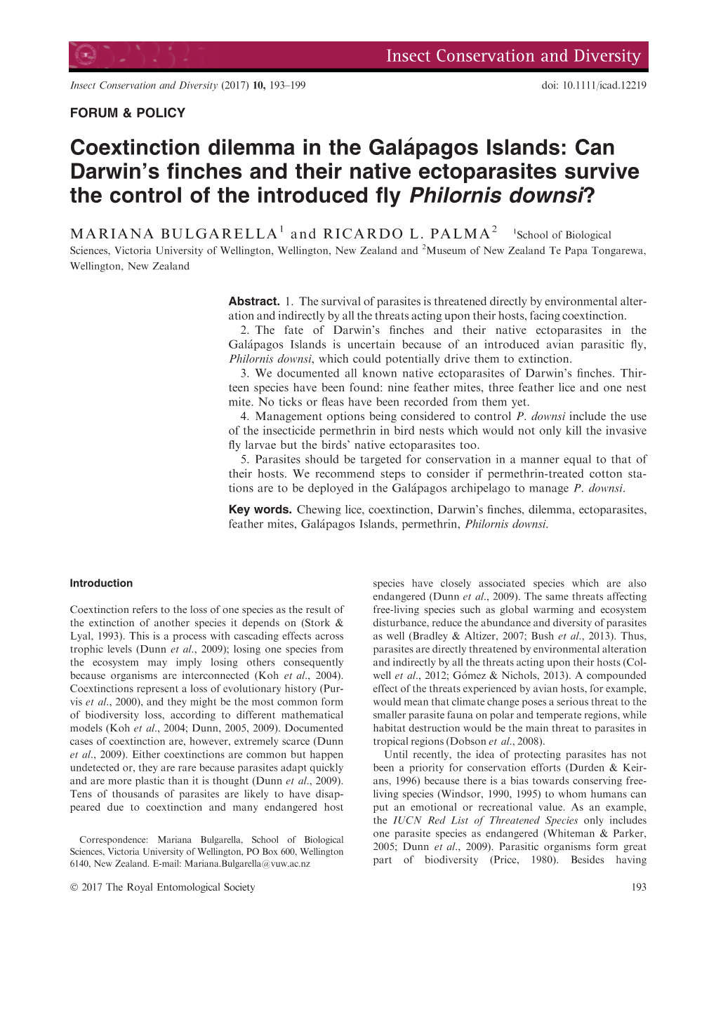 Can Darwin's Finches and Their Native Ectoparasites Survive the Control of Th