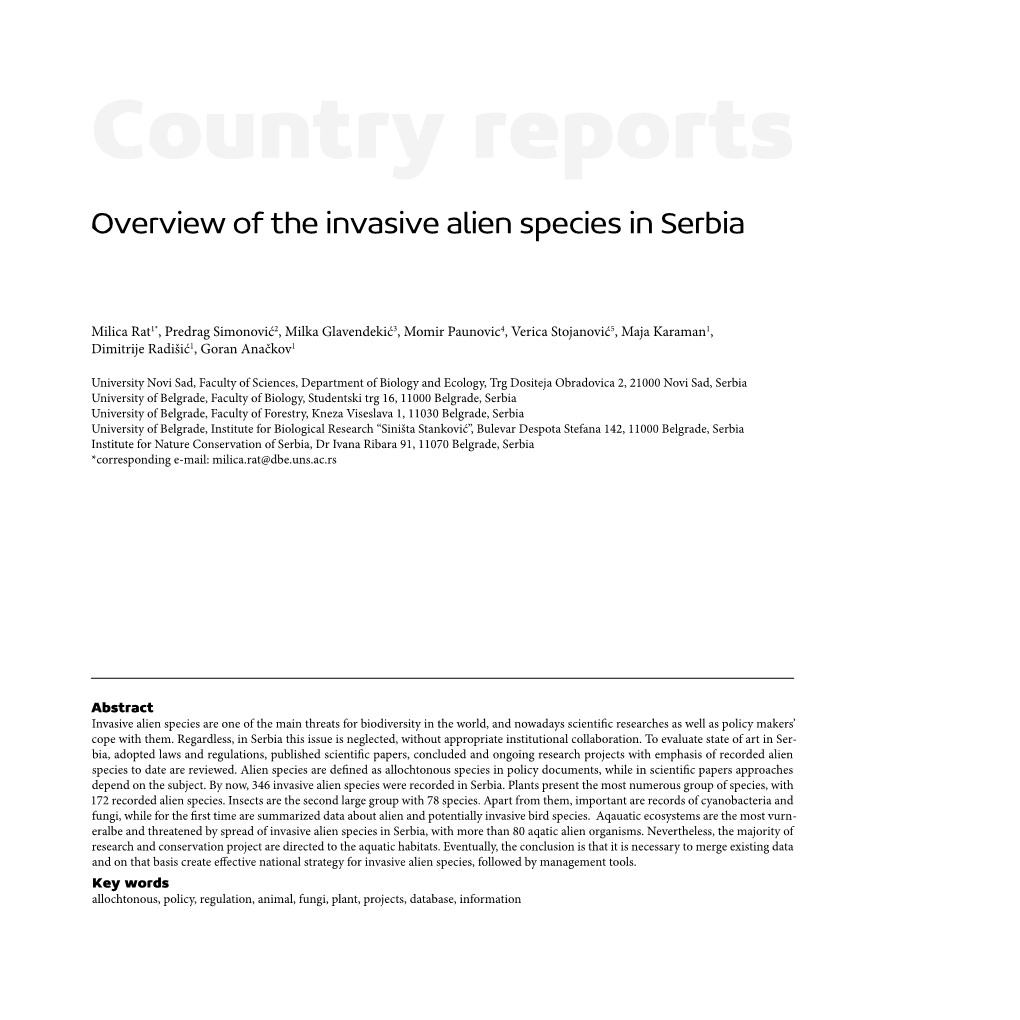 Country Reports Overview of the Invasive Alien Species in Serbia
