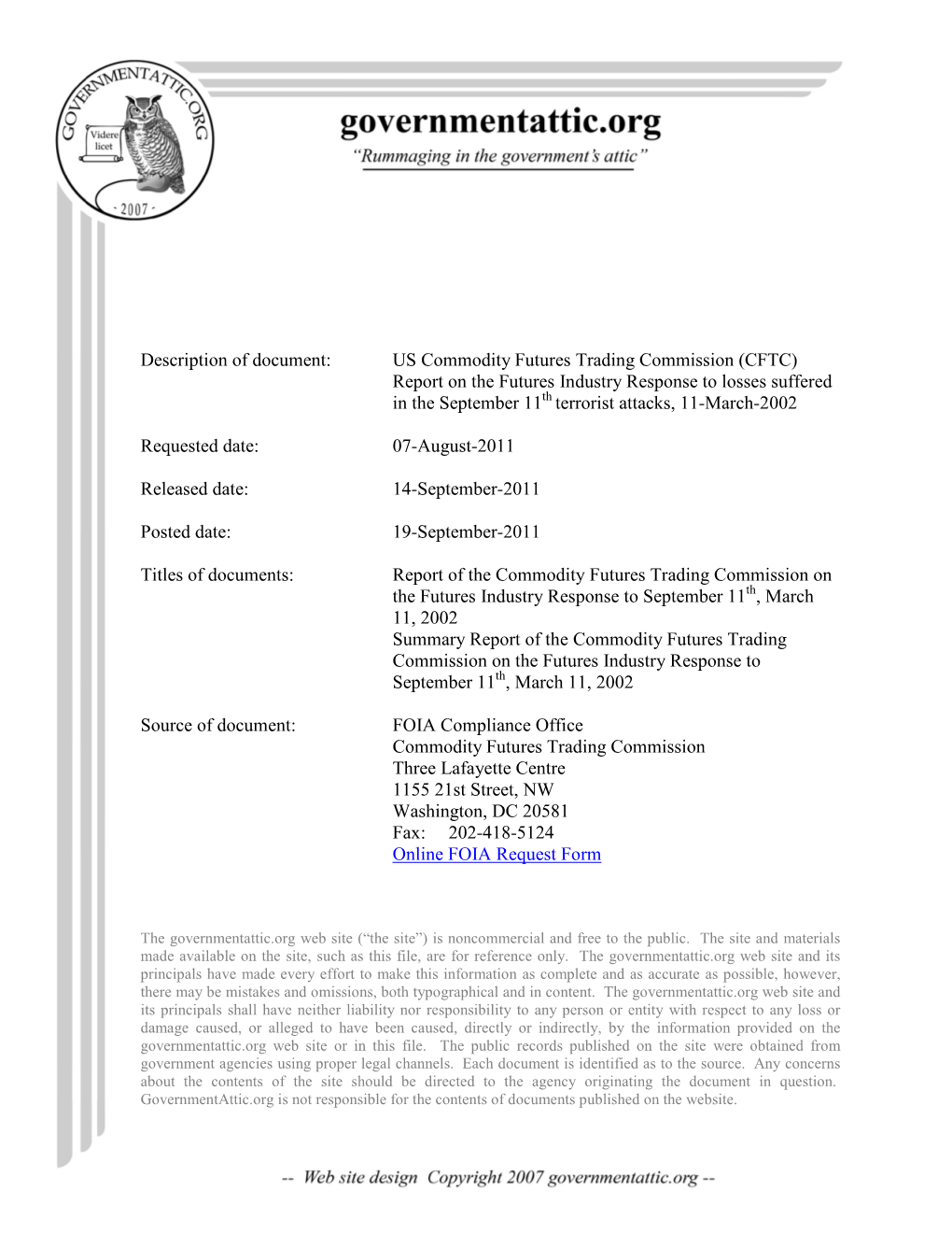 CFTC) Report on the Futures Industry Response to Losses Suffered in the September 11Th Terrorist Attacks, 11-March-2002