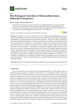 The Biological Activities of Oleocanthal from a Molecular Perspective