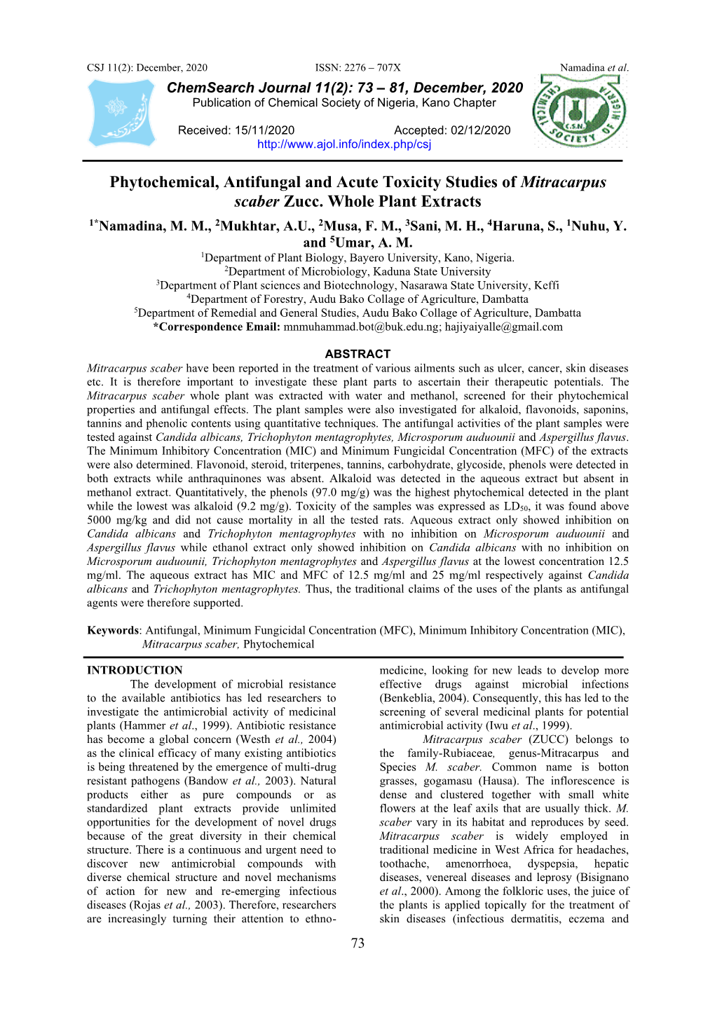 Phytochemical, Antifungal and Acute Toxicity Studies of Mitracarpus Scaber Zucc