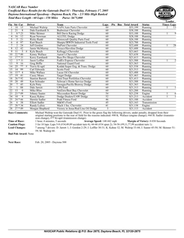 NASCAR Race Number Unofficial Race Results for the Gatorade Duel #1 - Thursday, February 17, 2005 Daytona International Speedway - Daytona Beach, Fla