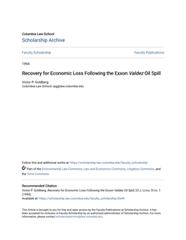 Recovery for Economic Loss Following the Exxon &lt;I&gt;Valdez&lt;/I&gt; Oil Spill