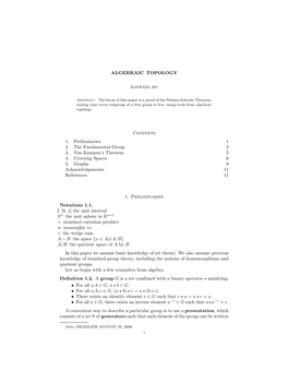 ALGEBRAIC TOPOLOGY Contents 1. Preliminaries 1 2. the Fundamental