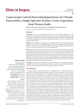 Laparoscopic Lateral Pancreaticojejunostomy for Chronic Pancreatitis; a Single Operator Tertiary Center Experience from Western India