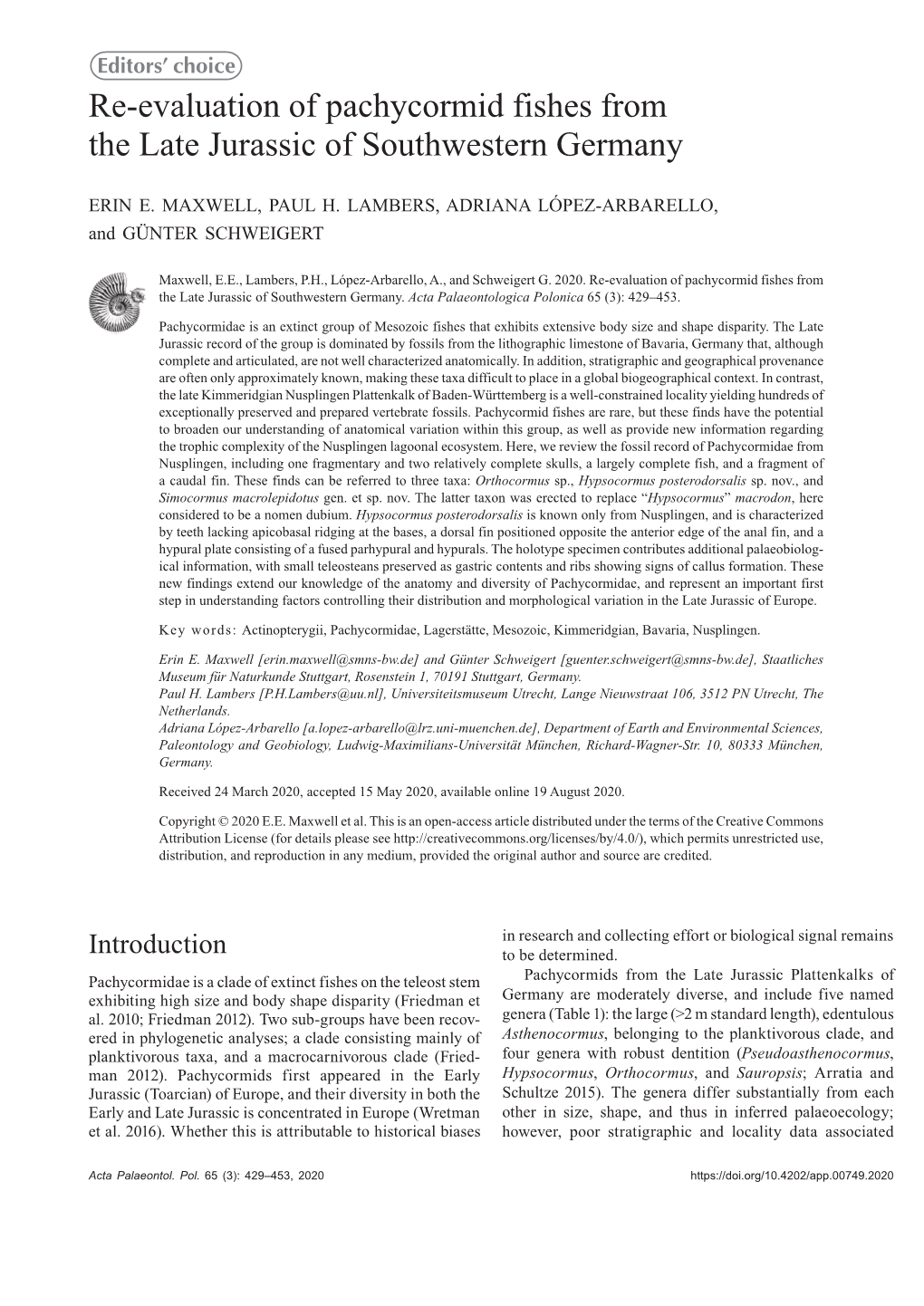 Re-Evaluation of Pachycormid Fishes from the Late Jurassic of Southwestern Germany