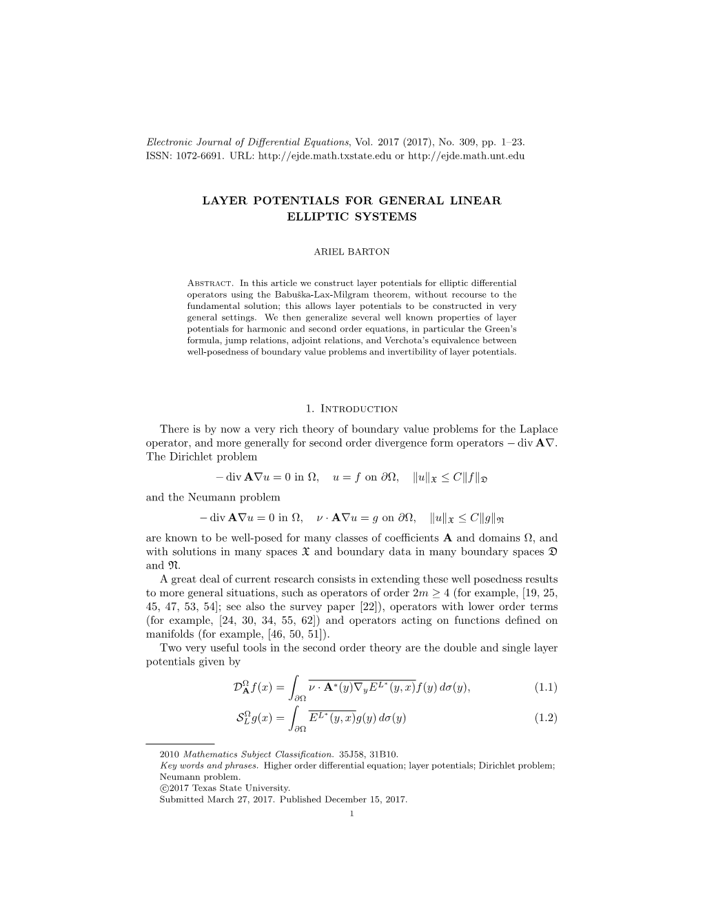 Layer Potentials for General Linear Elliptic Systems 1