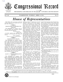 Congressional Record United States Th of America PROCEEDINGS and DEBATES of the 113 CONGRESS, SECOND SESSION