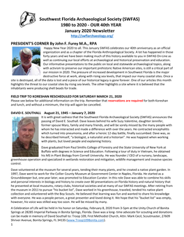 Southwest Florida Archaeological Society (SWFAS) 1980 to 2020 - OUR 40Th YEAR January 2020 Newsletter