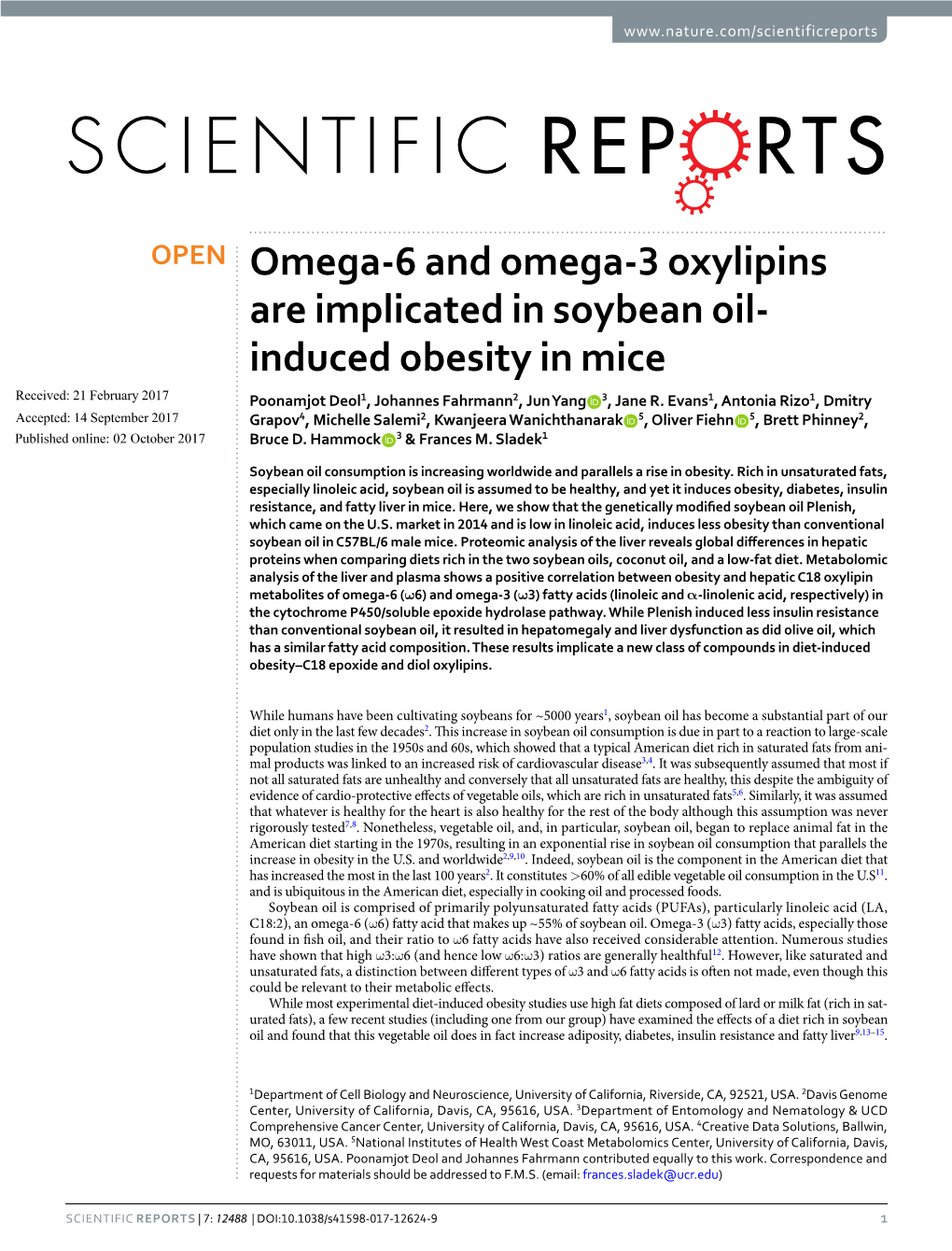 Omega-6 and Omega-3 Oxylipins Are Implicated in Soybean Oil-Induced