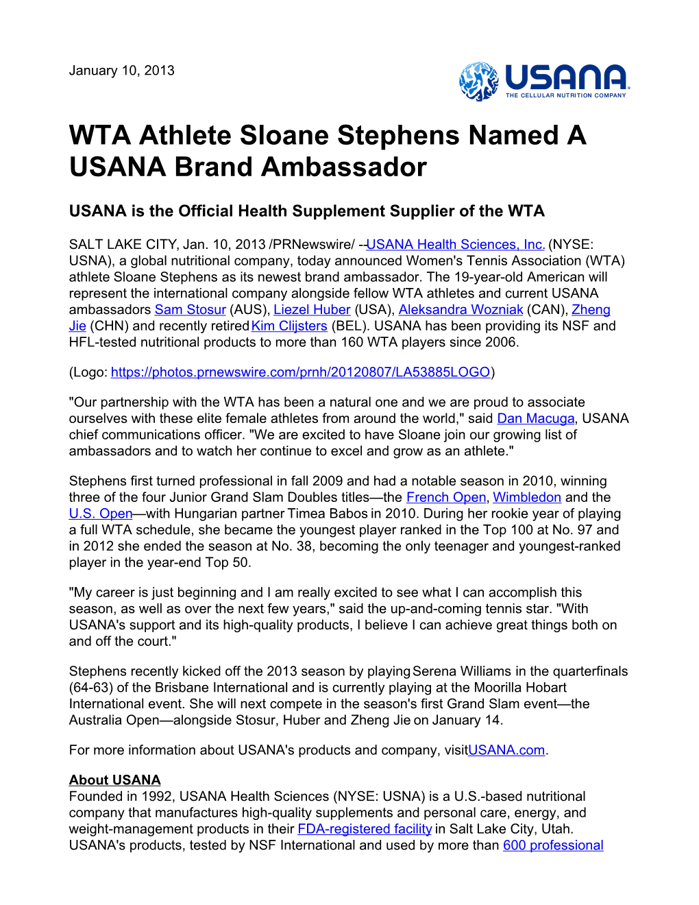 WTA Athlete Sloane Stephens Named a USANA Brand Ambassador