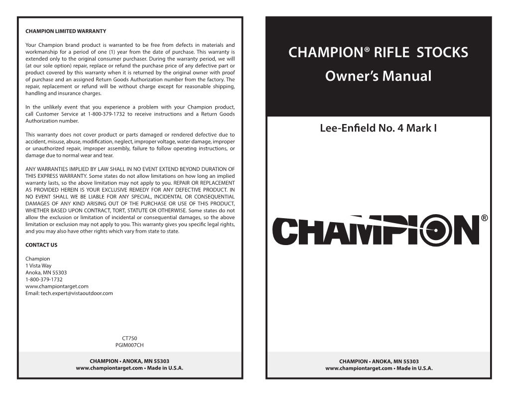 CHAMPION® RIFLE STOCKS Owner's Manual