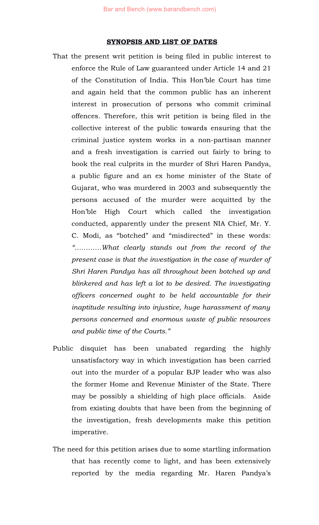 SYNOPSIS and LIST of DATES That the Present Writ Petition Is Being