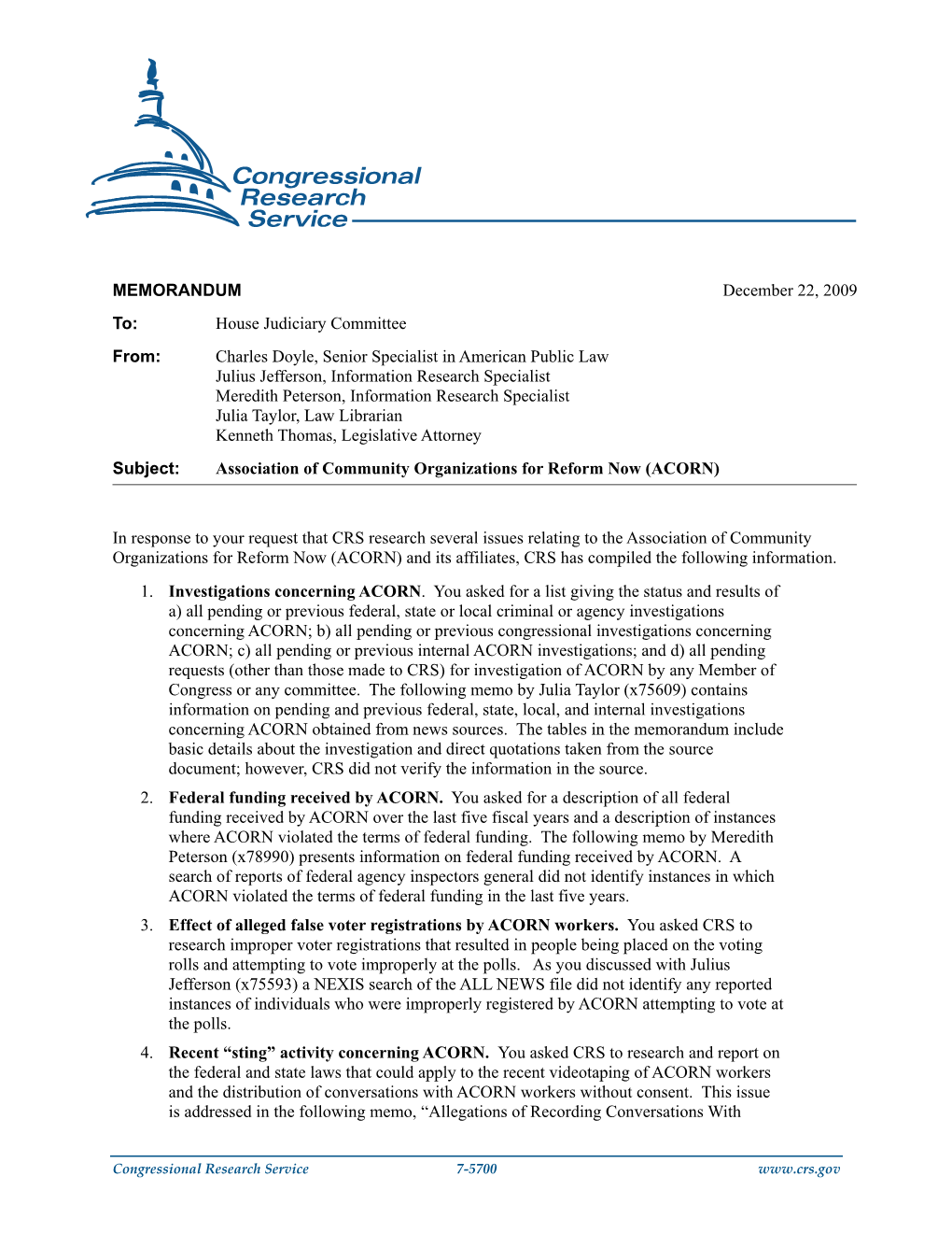 MEMORANDUM December 22, 2009 To: House Judiciary Committee