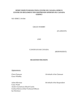 Sport Dispute Resolution Centre of Canada (Sdrcc) Centre De Règlement Des Différends Sportifs Du Canada (Crdsc)