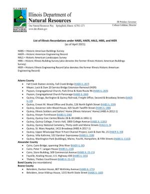 List of Illinois Recordations Under HABS, HAER, HALS, HIBS, and HIER (As of April 2021)