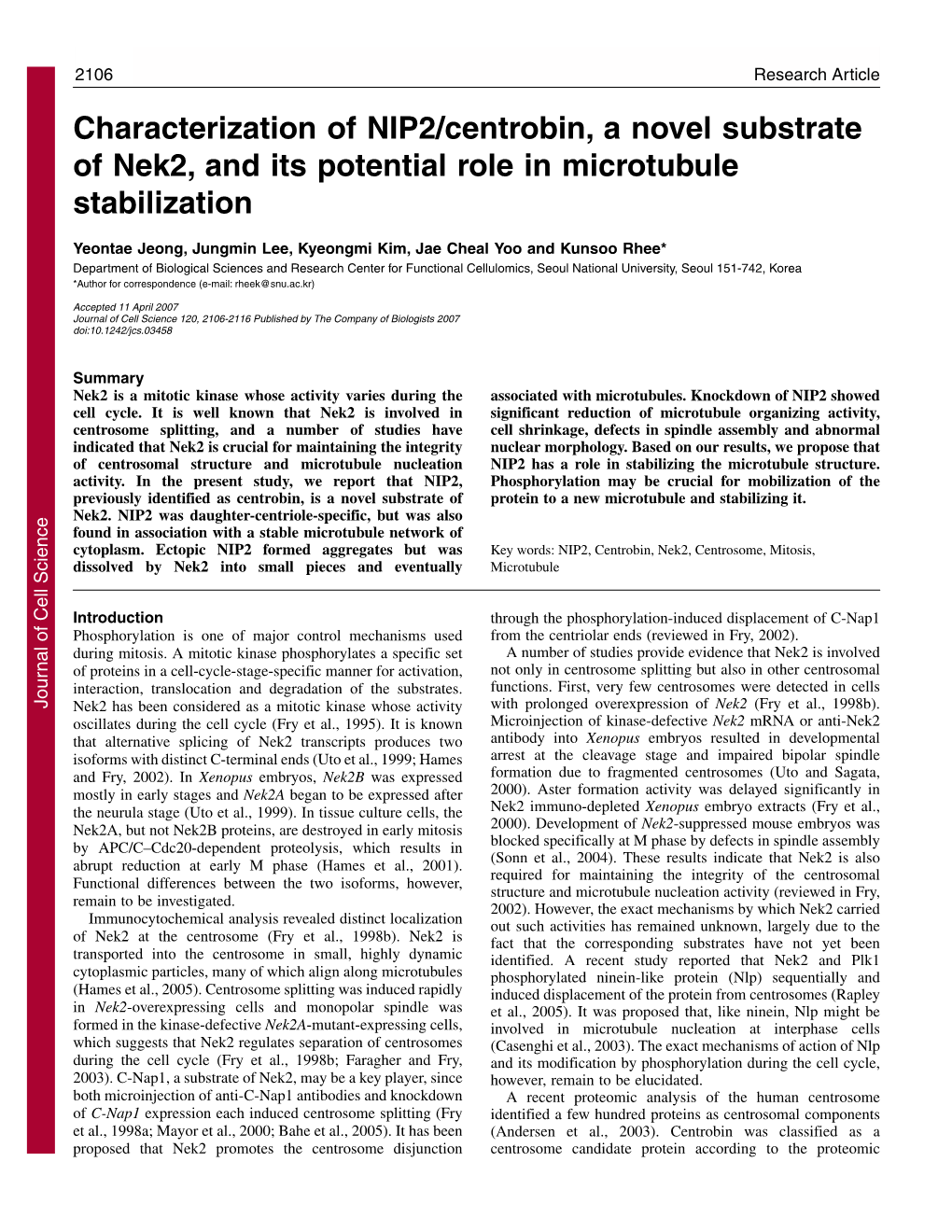 Characterization of NIP2/Centrobin, a Novel Substrate of Nek2, and Its Potential Role in Microtubule Stabilization