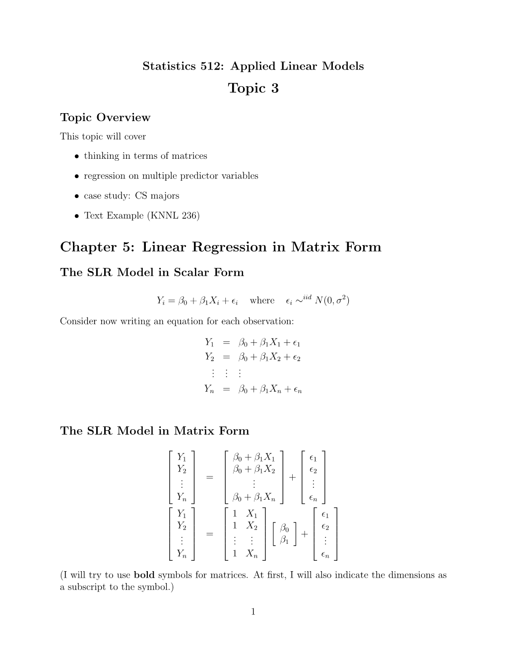 Multiple Linear Regression Model In Matrix Form