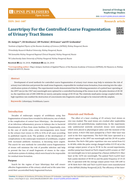 Lasertripsy for the Controlled Coarse Fragmentation of Urinary Tract Stones