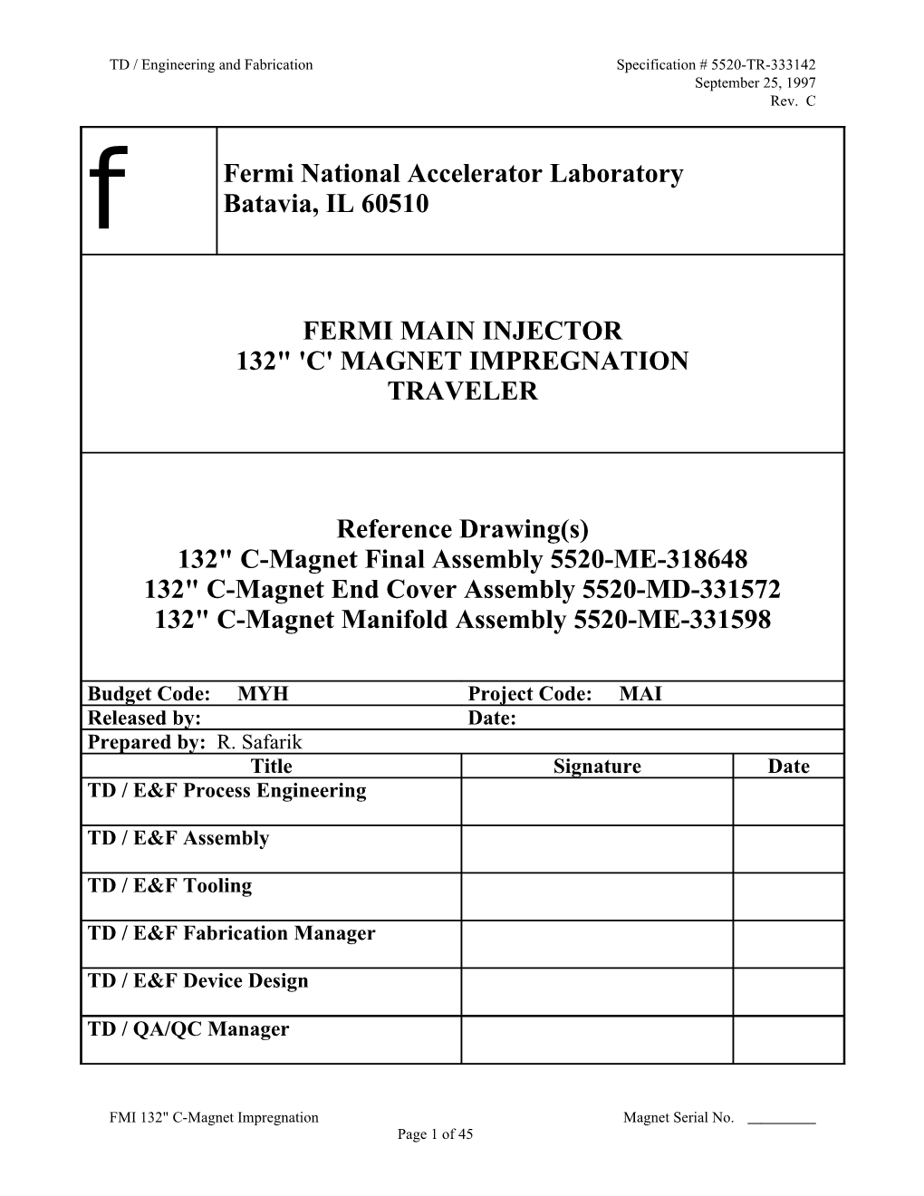 TD / Engineering and Fabrication Specification # 5520-TR-333142