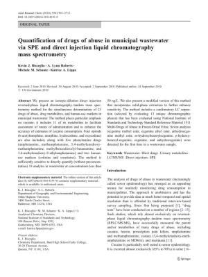 Quantification of Drugs of Abuse in Municipal Wastewater Via SPE and Direct Injection Liquid Chromatography Mass Spectrometry