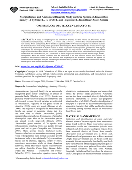 Morphological and Anatomical Diversity Study on Three Species of Amaranthus Namely; A