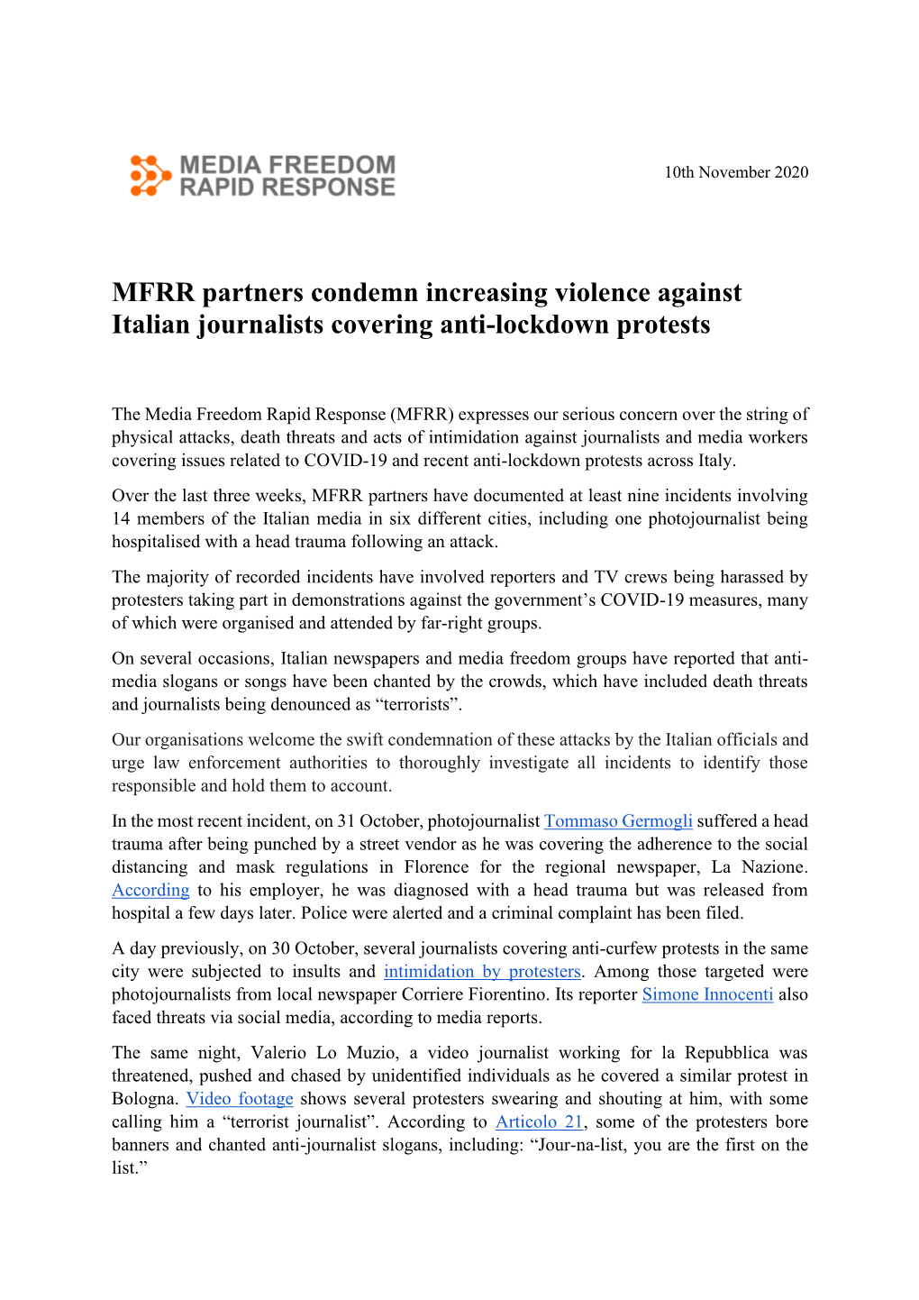 MFRR Partners Condemn Increasing Violence Against Italian Journalists Covering Anti-Lockdown Protests