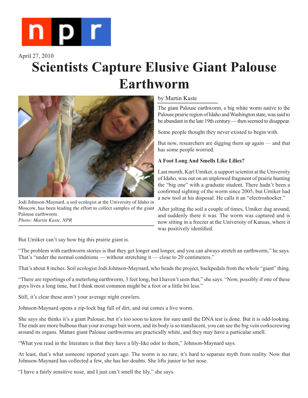 Scientists Capture Elusive Giant Palouse Earthworm