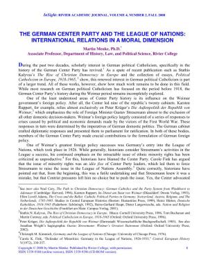The German Center Party and the League of Nations: International Relations in a Moral Dimension
