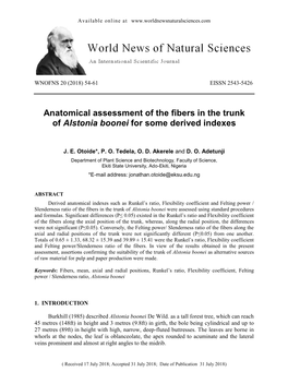Anatomical Assessment of the Fibers in the Trunk of Alstonia Boonei for Some Derived Indexes