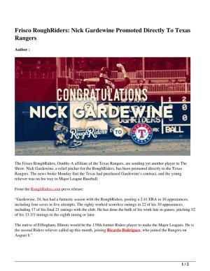 Frisco Roughriders: Nick Gardewine Promoted Directly to Texas Rangers