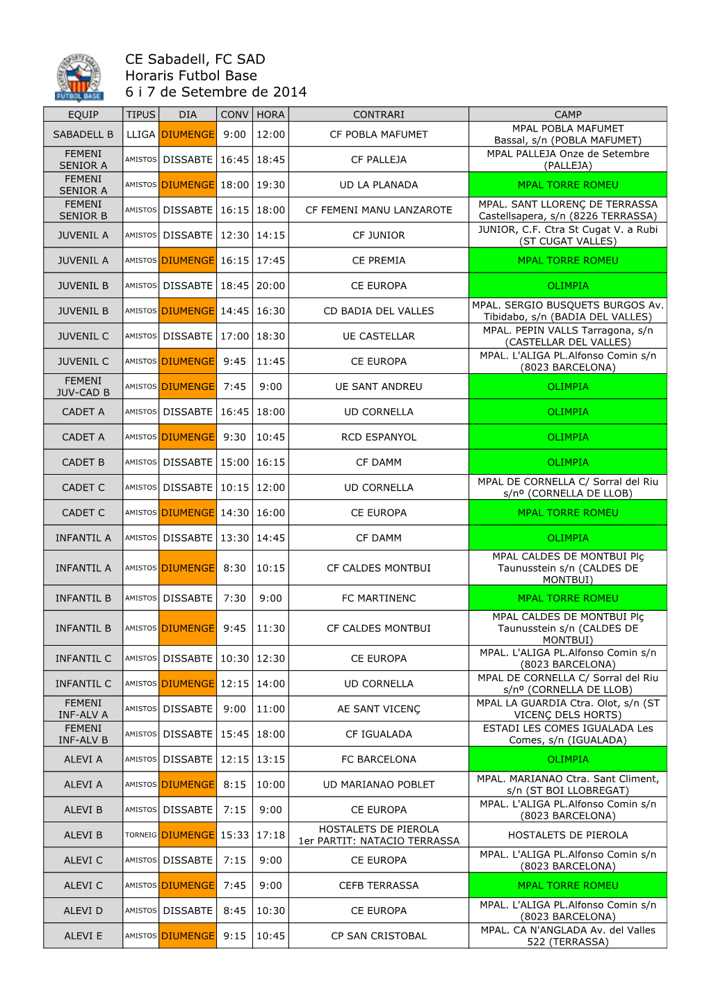 CE Sabadell, FC SAD Horaris Futbol Base 6 I 7 De Setembre De 2014