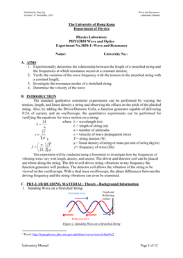 The University of Hong Kong Department of Physics Physics Laboratory PHYS3850 Wave and Optics Experiment No.3850-1: Wave And
