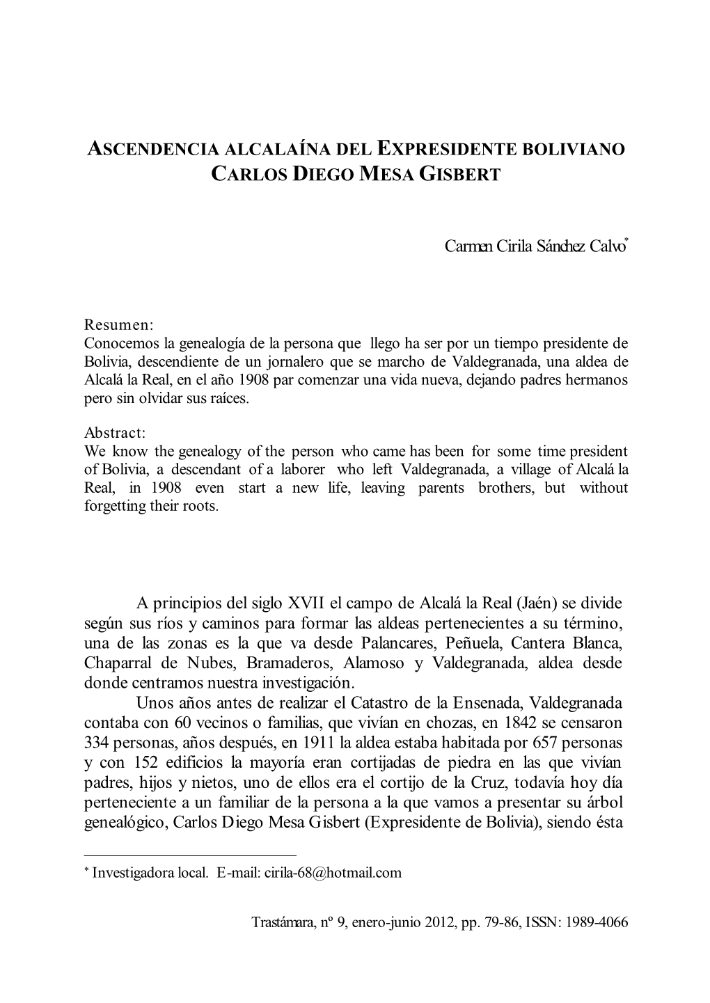 Ascendencia Alcalaína Del Expresidente Boliviano Carlos Diego Mesa Gisbert