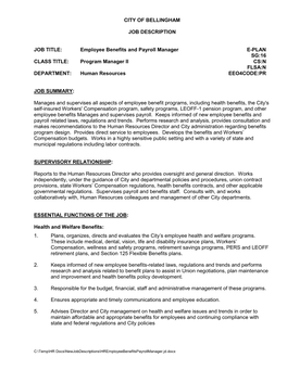 Job Description: Employee Benefits and Payroll Manager