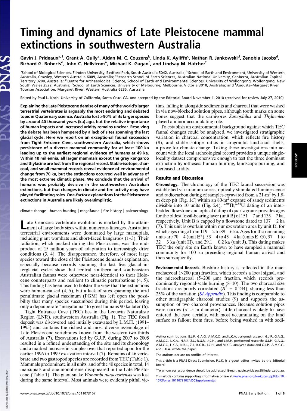 Timing and Dynamics of Late Pleistocene Mammal Extinctions in Southwestern Australia