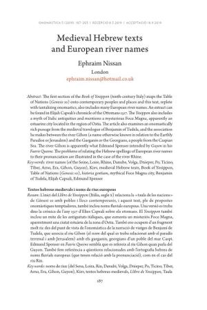Medieval Hebrew Texts and European River Names Ephraim Nissan London Ephraim.Nissan@Hotmail.Co.Uk