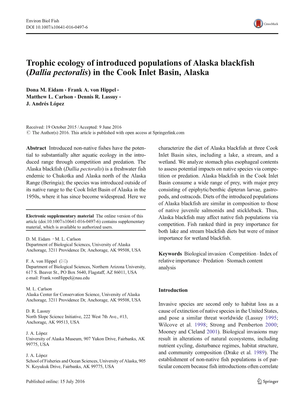 Trophic Ecology of Introduced Populations of Alaska Blackfish (Dallia Pectoralis) in the Cook Inlet Basin, Alaska