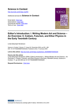 Editor's Introduction: I. Writing Modern Art and Science &#8211; an Overview; II. Cubism, Futurism, and Ether Physics In