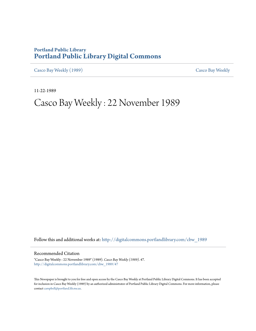 Casco Bay Weekly : 22 November 1989