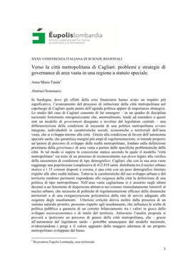 Verso La Città Metropolitana Di Cagliari: Problemi E Strategie Di Governance Di Area Vasta in Una Regione a Statuto Speciale